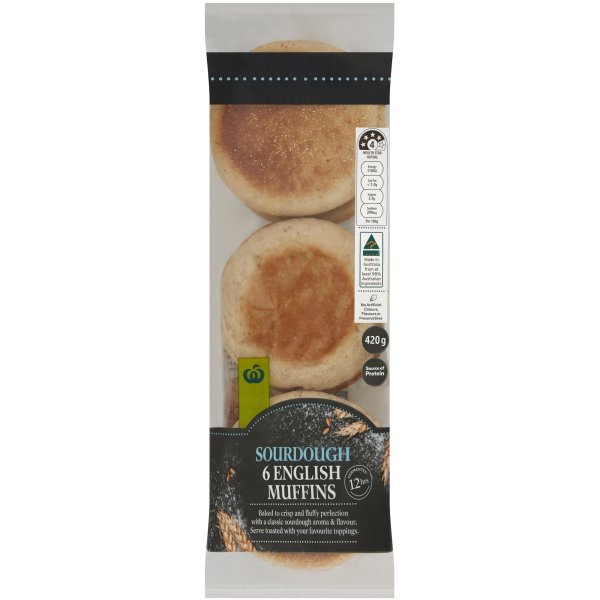 Woolworths Sourdough English Muffins 6 Pack bunch