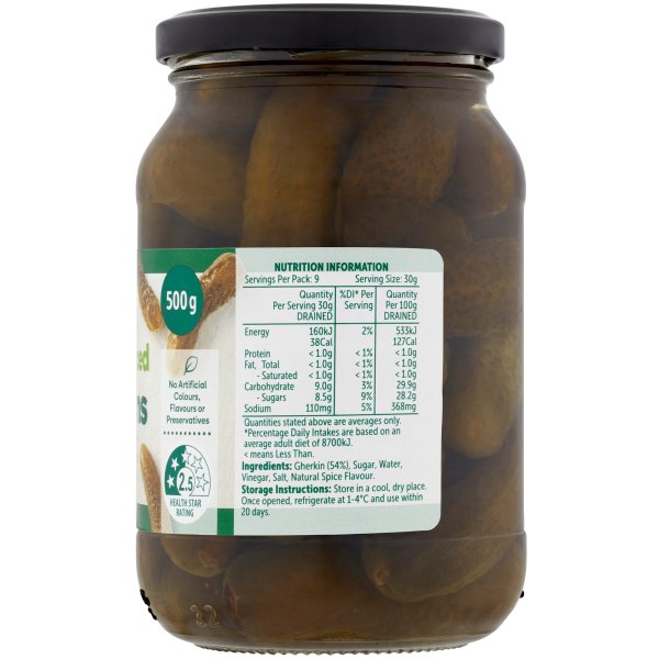 Woolworths Gherkins Sweet Spiced 500g bunch