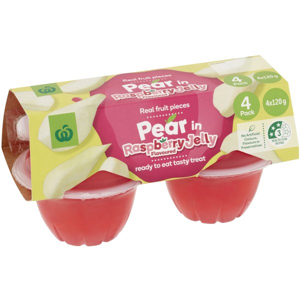 Woolworths Pear In Raspberry Flavoured Jelly 4x120g bunch