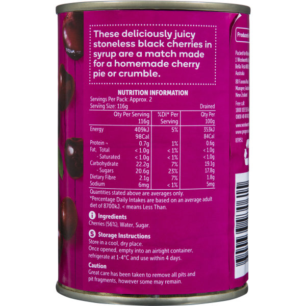 Woolworths Black Cherries Stoneless In Syrup 415g bunch