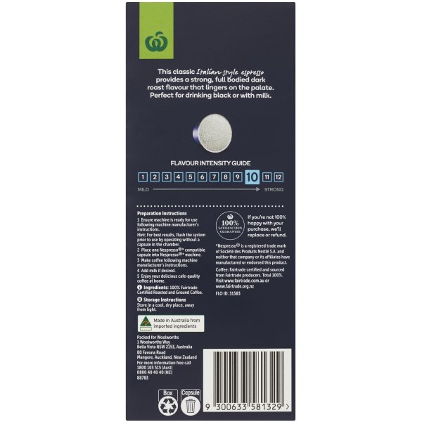 Woolworths Fairtrade Nespresso compatible Strong Coffee Capsules 10 Pack 56g bunch