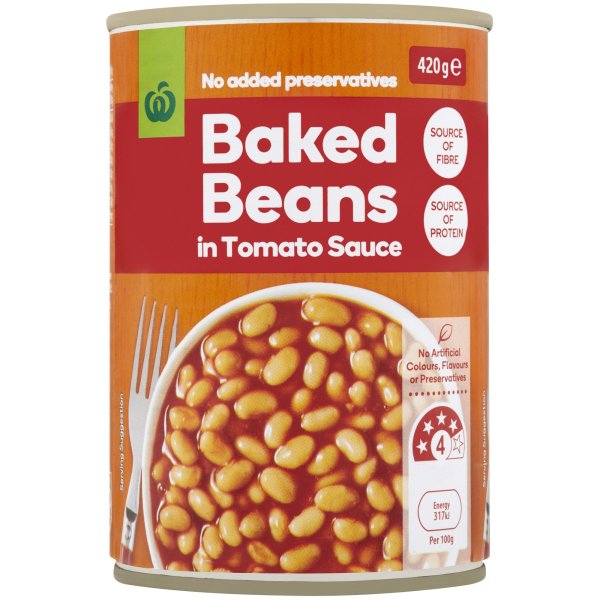 Woolworths Baked Beans In Tomato Sauce 420g bunch