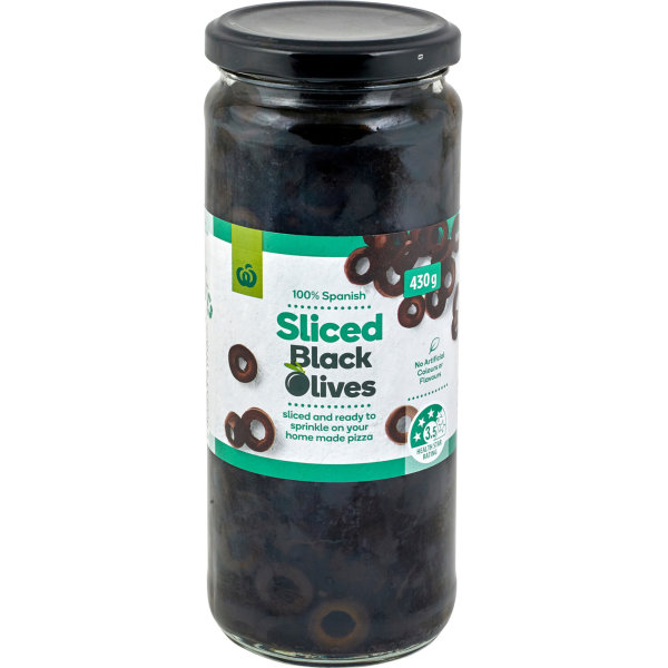 Woolworths Black Sliced Olives 430g bunch