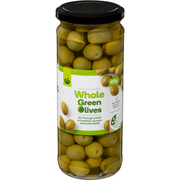Woolworths Whole Green Olives 450g bunch