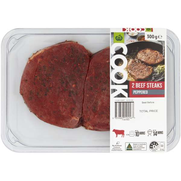 Woolworths Cook Beef Pepper Steaks 300g bunch
