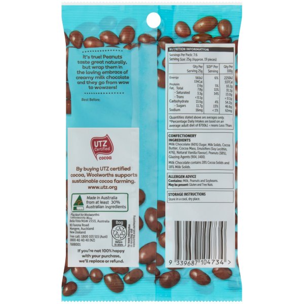 Woolworths Milk Chocolate Peanuts 190g bunch
