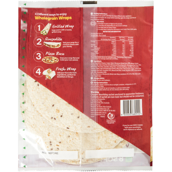 Woolworths Wholegrain Wrap 8pk 360g | bunch