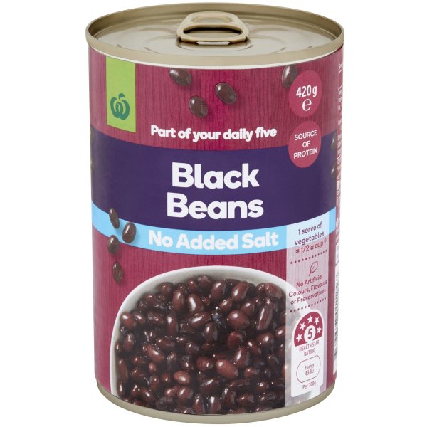Woolworths Black Beans No Added Salt Can 420g bunch
