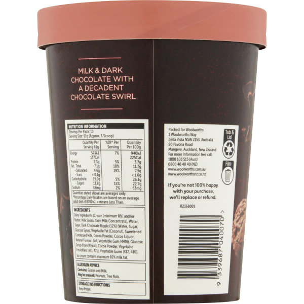 Woolworths Triple Chocolate Ice Cream Tub 1l bunch