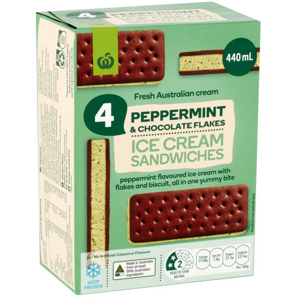 Woolworths Peppermint Chocolate Flakes Ice Cream Sandwich 4 Pack bunch