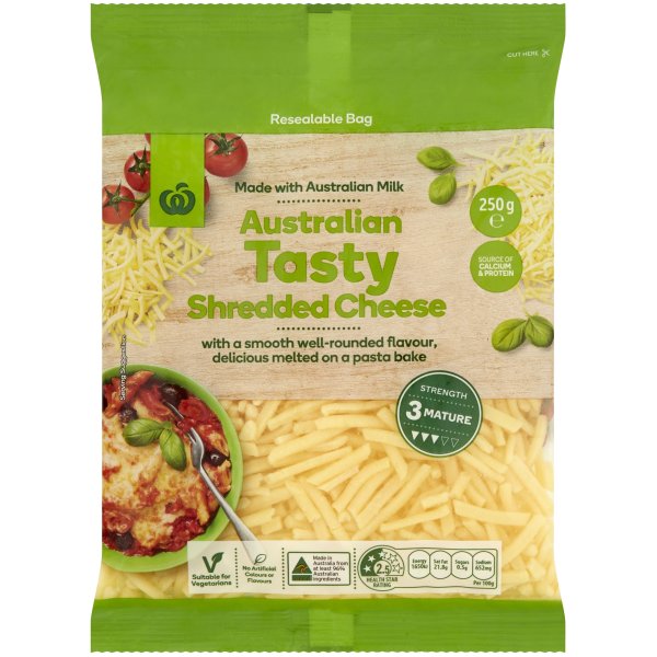 Woolworths Tasty Cheese Shredded 250g bunch