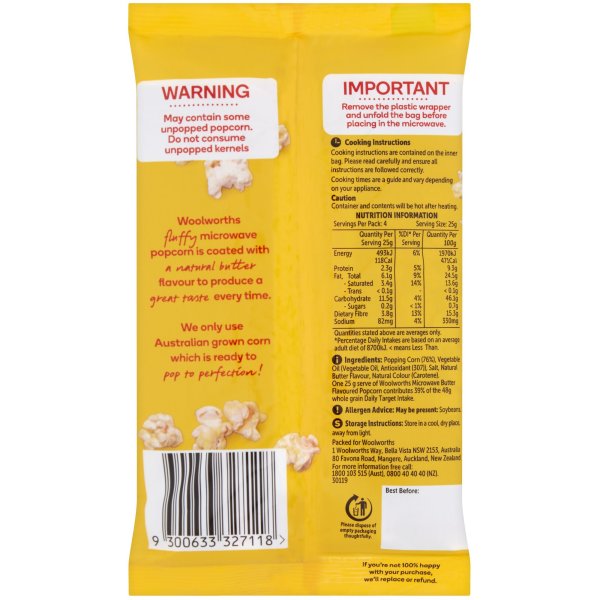 Woolworths Microwave Popcorn Butter Flavoured 100g bunch