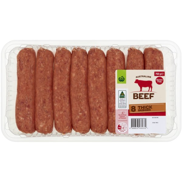 Woolworths Beef Sausages Thick 760g bunch