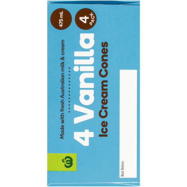 Woolworths Ice Cream Cones Vanilla 4 Pack 475ml bunch