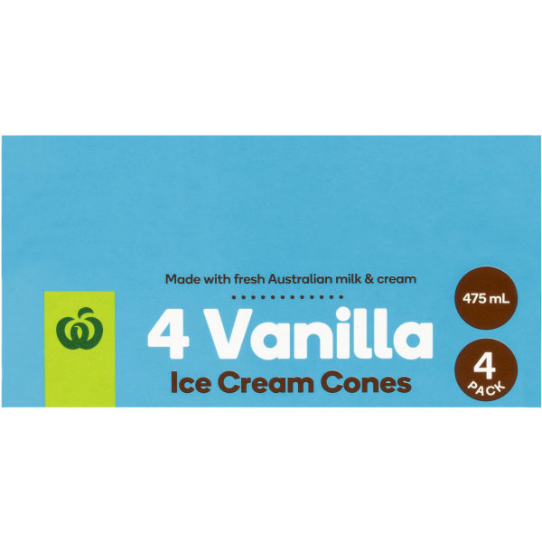 Woolworths Ice Cream Cones Vanilla 4 Pack 475ml bunch