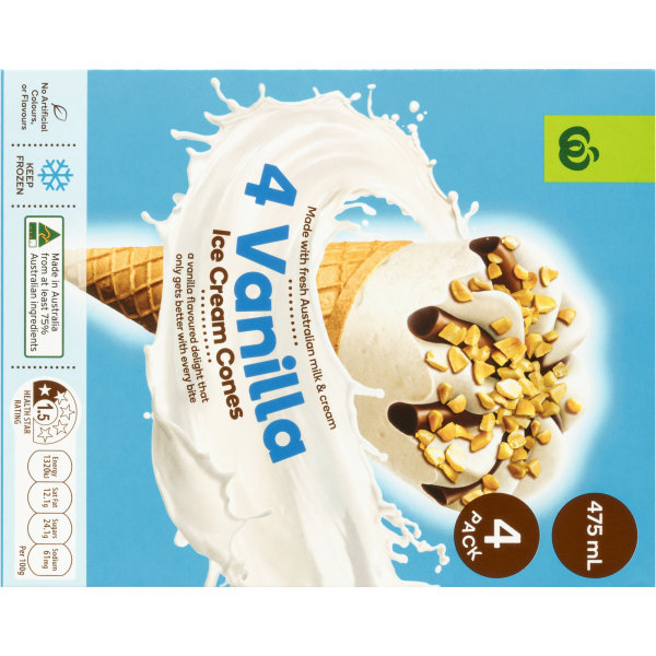 Woolworths Ice Cream Cones Vanilla 4 Pack 475ml bunch