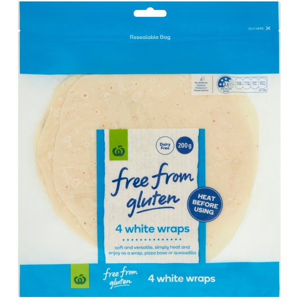 Woolworths Free From Gluten White Wraps 4 Pack bunch