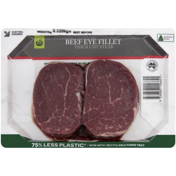 Woolworths Beef Eye Fillet Thick Cut Steak 320g bunch