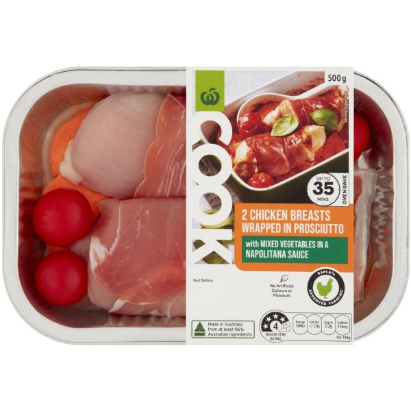 Woolworths Cook Chicken Breasts Wrapped In Prosciutto With Sauce 500g bunch