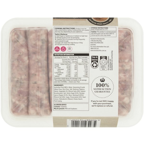 Woolworths Classic Cumberland Pork Sausages 500g bunch