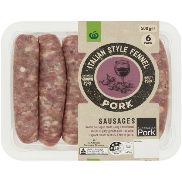 Woolworths Italian Style Fennel Pork Sausages 500g bunch