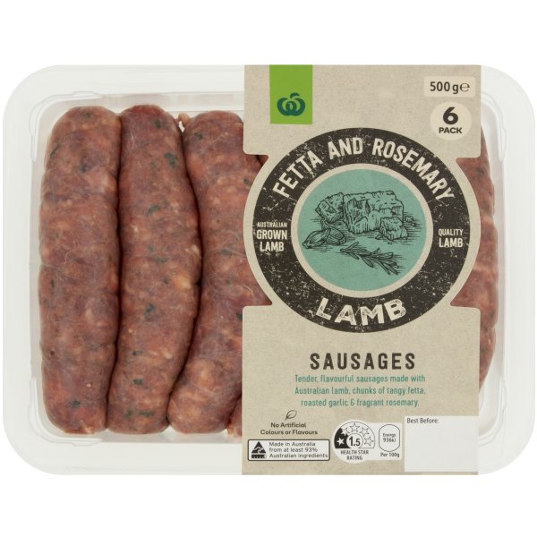 Woolworths Rosemary & Feta Lamb Sausages 500g bunch