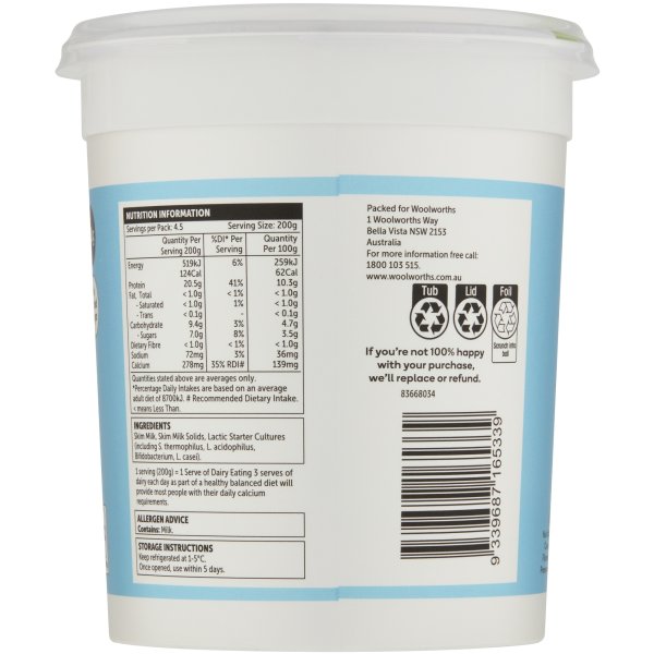 Woolworths High Protein Plain Yoghurt 900g | bunch