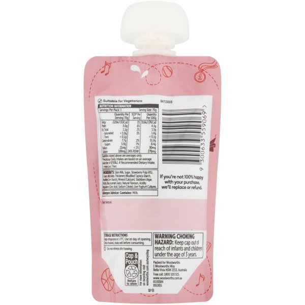 Woolworths Strawberry Yoghurt Pouch 70g bunch