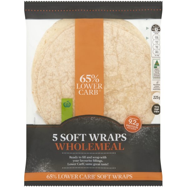 Woolworths Lower Carb Wholemeal Wrap 5 Pack bunch