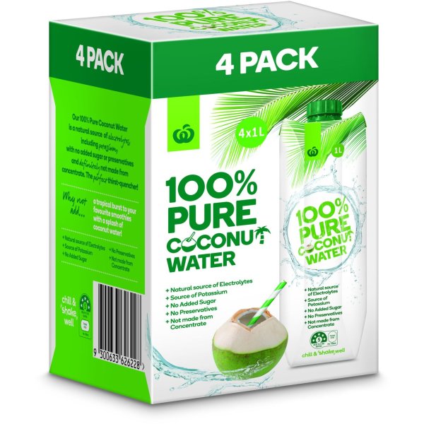 Woolworths 100 Pure Coconut Water 4x1l bunch