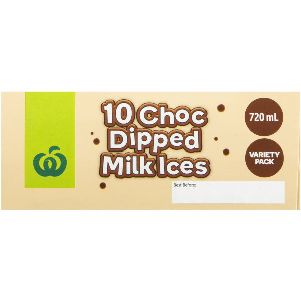 Woolworths Choc Dipped Milk Ice Variety Pack 10x72ml bunch