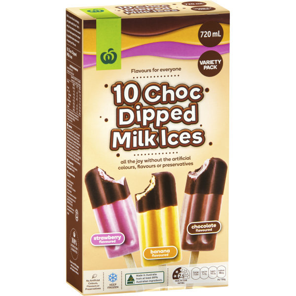 Woolworths Choc Dipped Milk Ice Variety Pack 10x72ml bunch