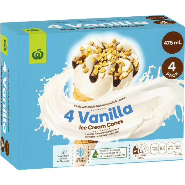 Woolworths Ice Cream Cones Vanilla 4 Pack 475ml bunch