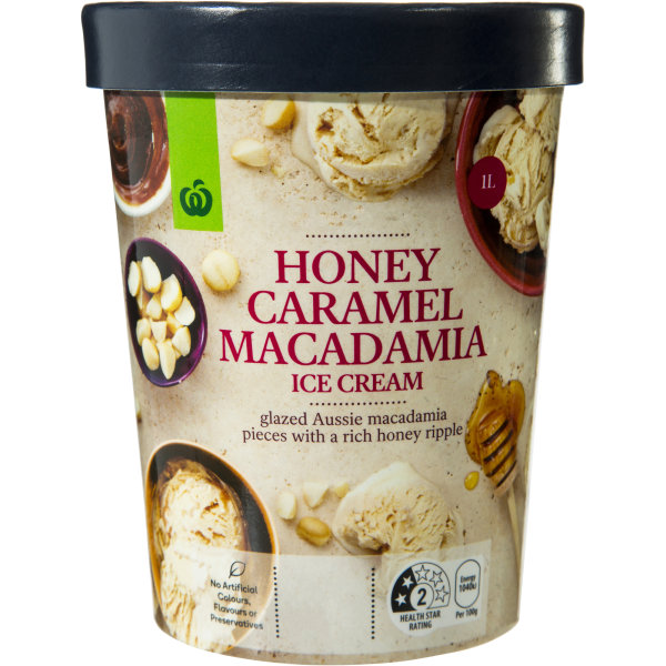 Woolworths Ice Cream Honey Caramel Macadamia 1l Tub bunch