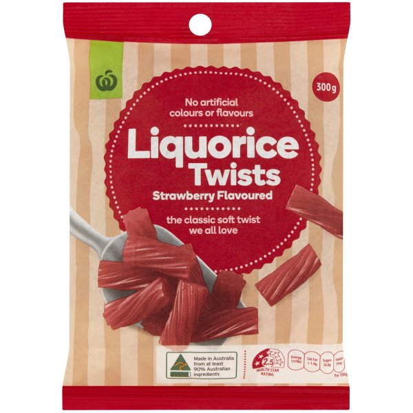 Woolworths Liquorice Twists Strawberry Flavoured 300g bunch