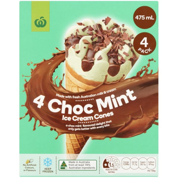 Woolworths Ice Cream Cones Choc Mint 4 Pack 475ml Bunch 5716