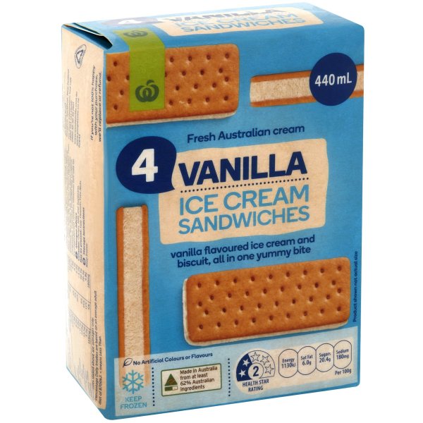 Woolworths Vanilla Ice Cream Sandwich 440ml 4pk bunch